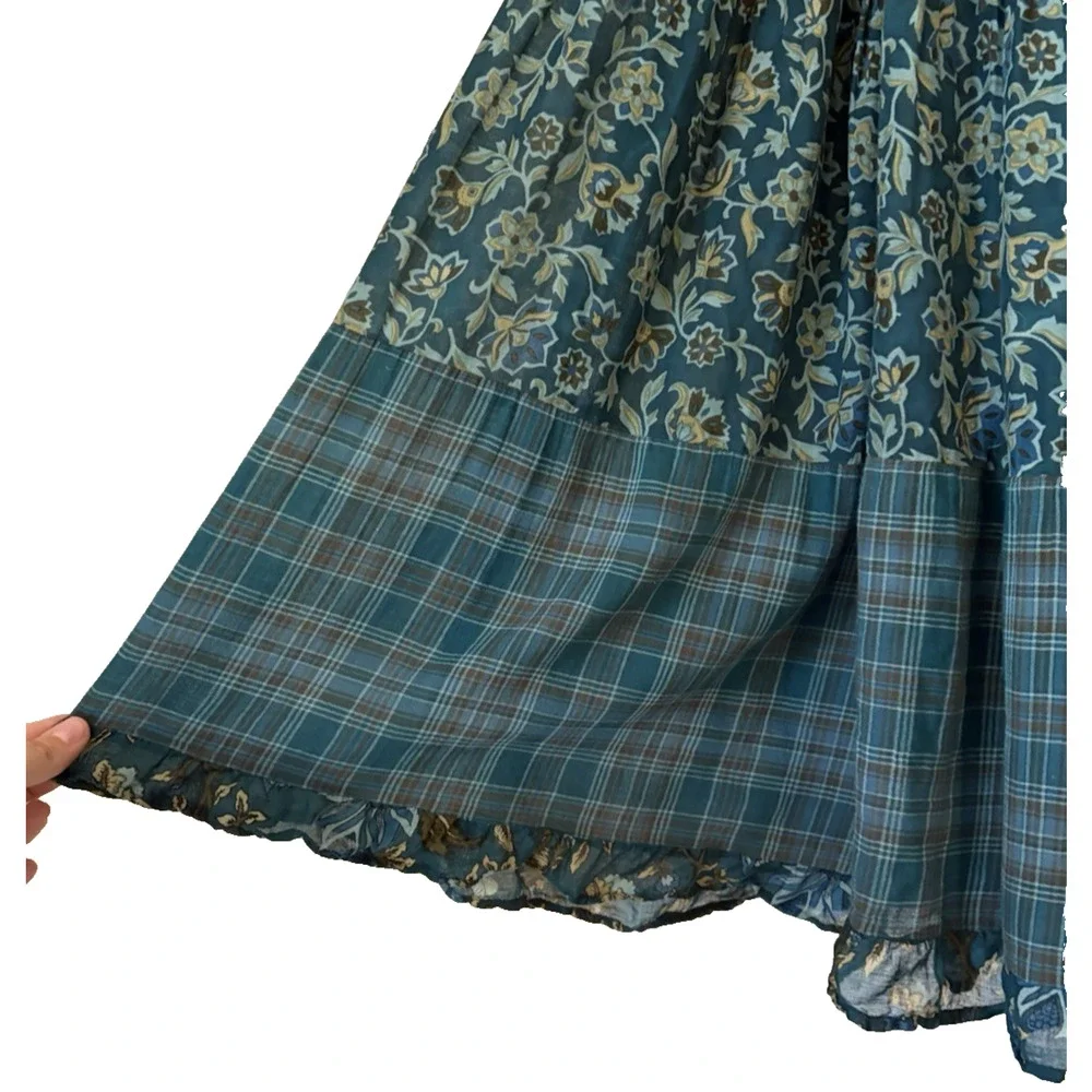 Cottagecore Teal Patchwork Midi Skirt S/M Plaid Floral Ruffle Prairie Boho